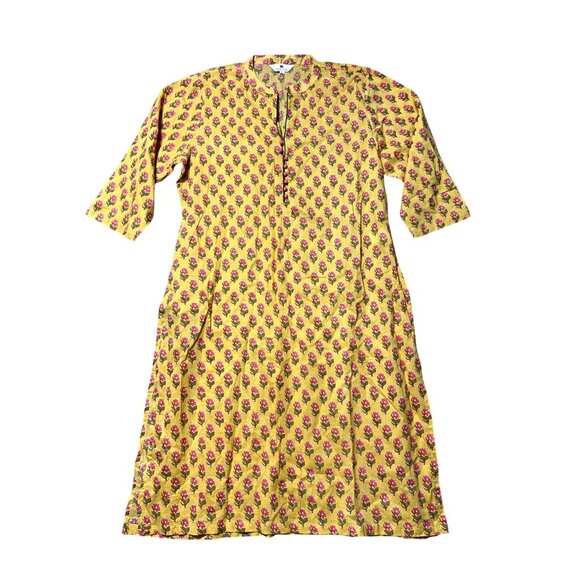Meesan Womens Sz XL Yellow Floral Print Knee-Length Cotton Kurta With 3/4 Sleeve - Picture 1 of 10